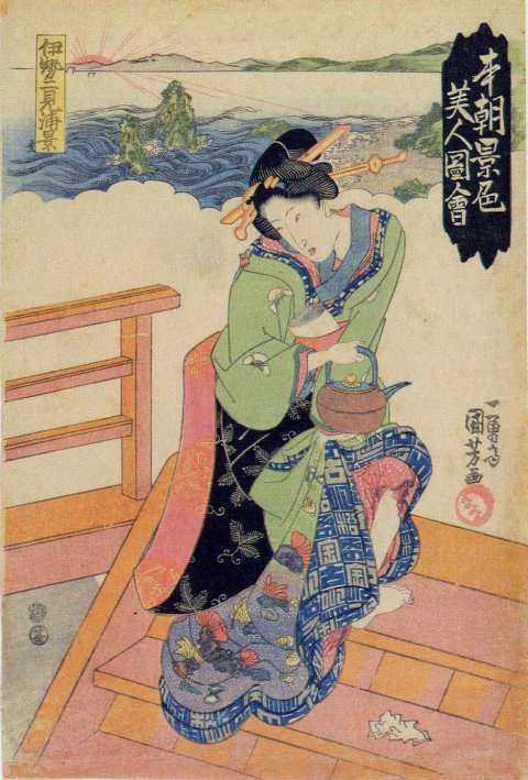 Kuniyoshi - Our Country's Scenery Illustrated by Beautiful Women (Honchô keishoku bijin zue,  R88), View of Futamigaura in Ise Province (Ise Futamigaura no kei)