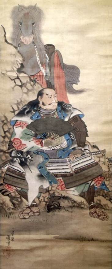 Kuniyoshi+ Sasaki Shiro Takatsuna with Ikezuki or Akechi Mitsuharu with his horse at Karasaki