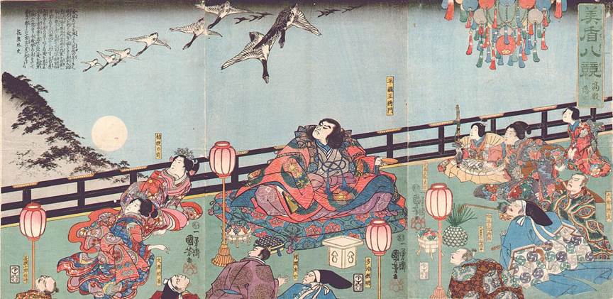 Kuniyoshi - (T177) Selections for the 8 Views (Mitate hakkei), Takadono Rakugan, Taira no Masakado in his palace boasting that he could bring down a flying bird just by looking at it
