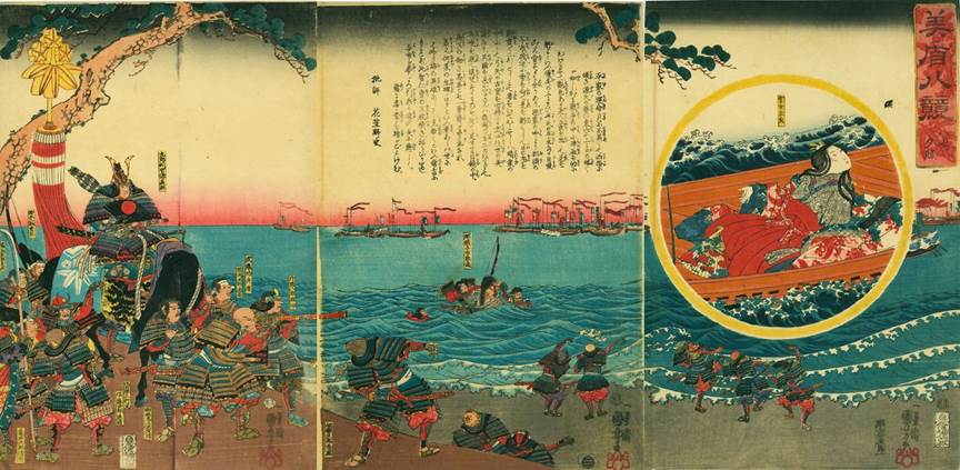 Kuniyoshi - (T179) Mitate Hakkei - Yashima sekisho, Kyuro Hangan Minamoto no Yoshitsune on horse, and Benkei, Nasu no Yoichi with Tamamushi