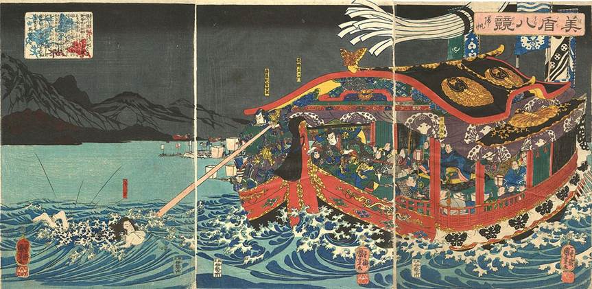 Kuniyoshi - (T180) Selections for the 8 Views (Mitate hakkei), Koman swimming in Lake Biwa is attacked from the Taira ceremonial barge by Sanemori