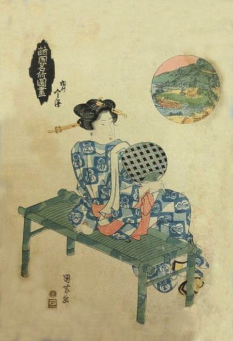 Kuniyoshi - Series of Famous Views of the Provinces Illustrated (R 1), bijin cooling off with a fan. Inset, a view of Soshin in Kanazawa district, Pub. Mikawa-ya.