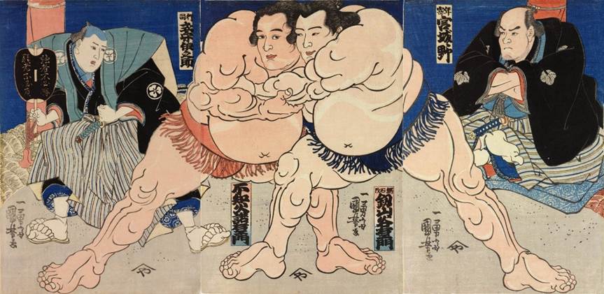 Kuniyoshi - (sumô triptych) Two sumô wrestlers at grips before the umpires