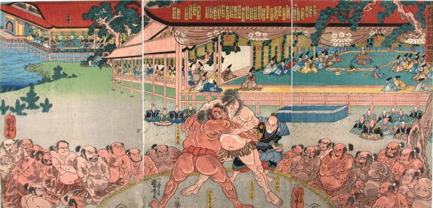 Kuniyoshi - (sumo) Ceremonial entry of wrestlers at the great wrestling match to raise funds for pious causes; umpire seated in the centre is Kimura Shonosuke