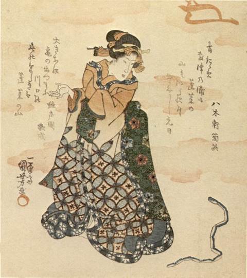 Kuniyoshi - (shikishiban) Beauty looking a toy snake on the floor, chidoru in upper right corner