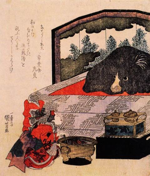Kuniyoshi - (shikishiban) Courtesan in training (shinz) with moddle of ox stroked for good luck (nade-ushi), 1829