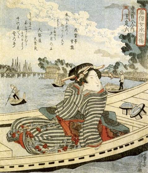 Kuniyoshi - (shikishiban) Modern Women as the 108 Heroes of the Suikoden (Fûzoku onna Suikoden hyakuhachiban no uchi), Wang Dingliu (Ô Teiroku), Woman in a boat on the sumida river, c