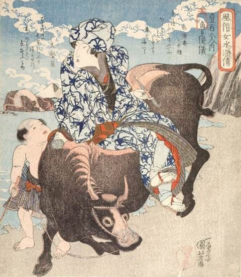 Kuniyoshi - (shikishiban) Modern Women as the 108 Heroes of the Suikoden (Fûzoku onna Suikoden hyakuhachiban no uchi), Roshungi 