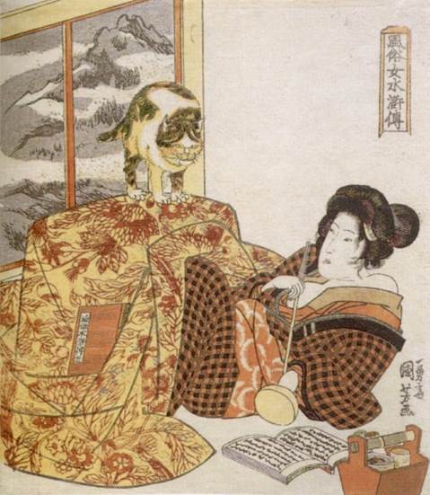 Kuniyoshi - (shikishiban) Modern Women as the 108 Heroes of the Suikoden (Fûzoku onna Suikoden hyakuhachiban no uchi), Brazier (Kotatsu), [beauty with cat] later printing