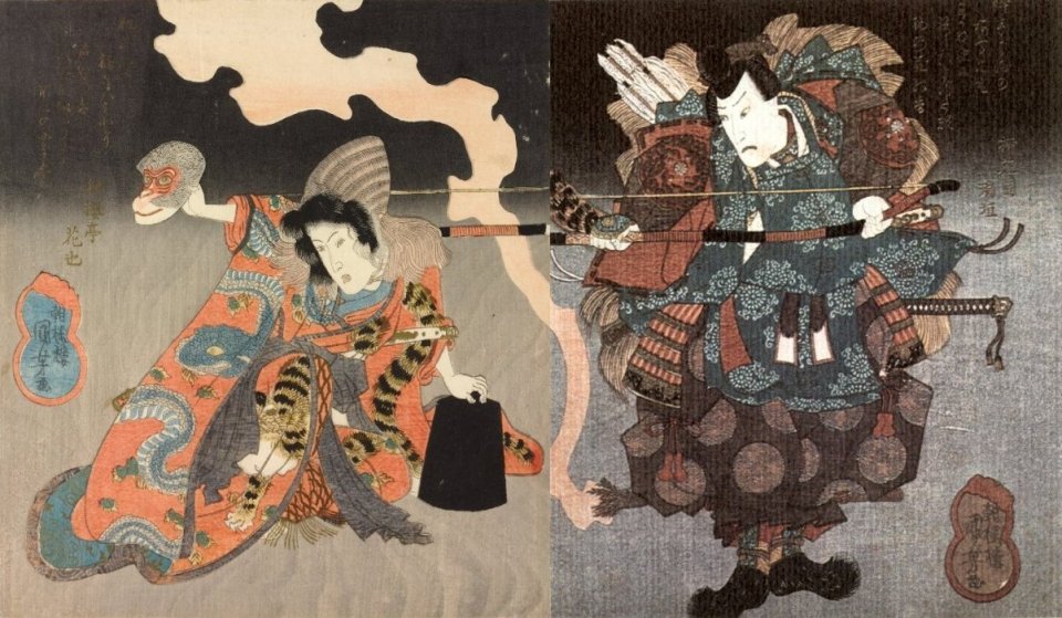 Kuniyoshi - (diptych) Actors Onoe Kikugor III with a bow (right) and Iwai Hanshir VI holding monkey mask (left) in roles suggesting Minamoto Yorimasa shooting the nue, c, 1835