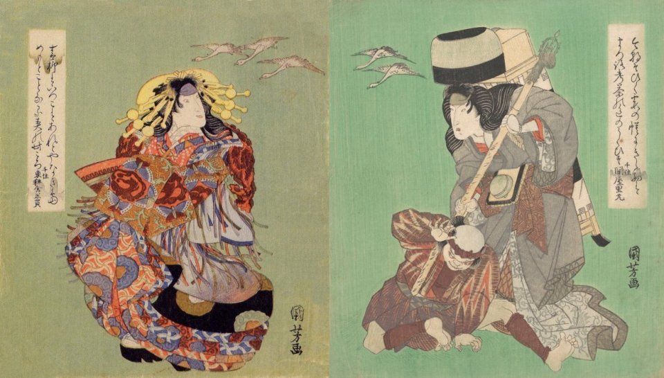 Actors Iwai Hanshir V as the courtesan Nishikido (L) & Segawa Kikunoj V (R) as a female pilgrim fighting off a ruffian, 1828