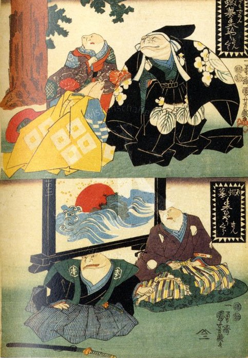 Kuniyoshi - Treasury of Humor Modelled by Toads, Daijo - Tsurugaoka Hachimangu no ba (1st act, At the Tsurugaoka Hachiman Shrine (T) & Nidanme Momoi yakata no ba (Act 2,  At Momoi's mansion)