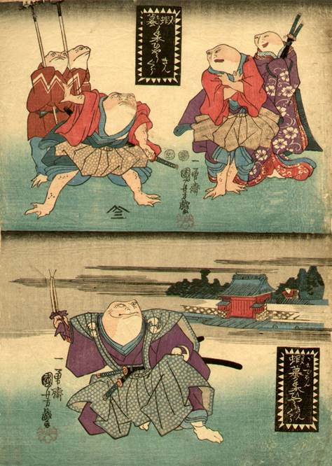 Kuniyoshi - Treasury of Humor Modelled by Toads (Gama-tehon hyôkingura), R 83, Richard Illing