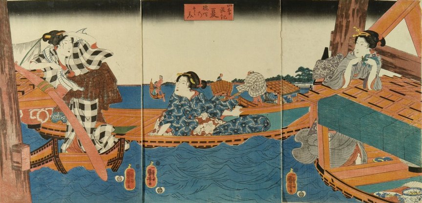 Kuniyoshi - Pleasures of the Four Seasons (Shiki yûkan), Summer, Three bijin in boat under Ryogoku Bridge on the Sumida River, 1843-7