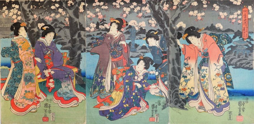 Kuniyoshi - (triptych, tree) Cherry Blossoms at Night (Yoru no sakura)