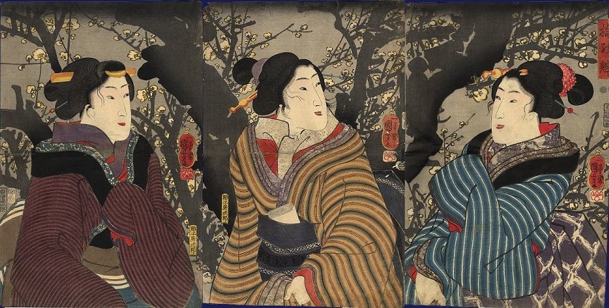 Kuniyoshi - (triptych)  The First Plum Blossoms of Spring (Ume no sakigake), c