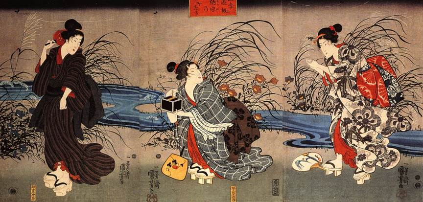 Kuniyoshi - Pleasures of the Four Seasons (Shiki yûkan), Woman catching fireflies by a stream, autumn