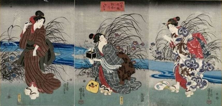 Kuniyoshi - Pleasures of the Four Seasons (Shiki yûkan), Woman catching fireflies by a stream, autumn