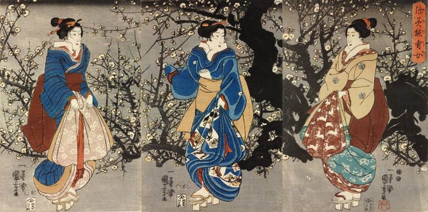 Kuniyoshi - (branch) Three women collecting plum-blossom branches by candlelight