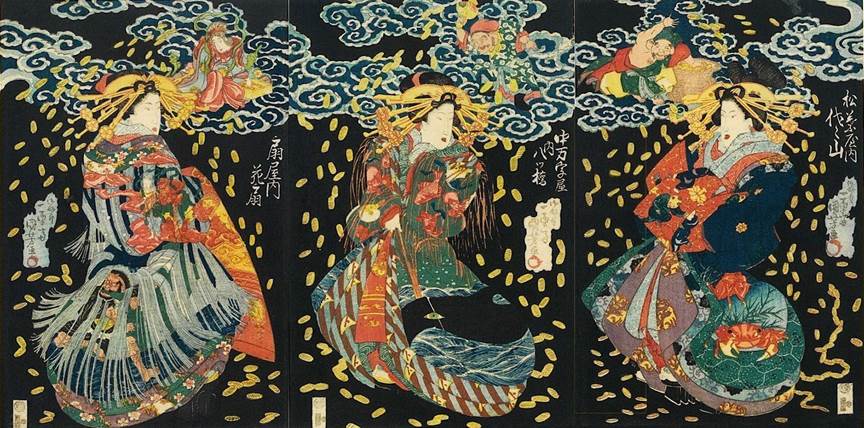 Kuniyoshi - (triptych, boat) First Boating Expedition of the New Year on the Lake (Sensui funenori-hajime), Bijin feeding koi, Pub