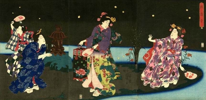 Kuniyoshi - (triptych) Genji Hotaru, catching fireflies on a summer's evening, 1848, pub