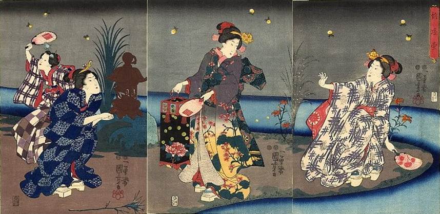 Kuniyoshi - (triptych) Genji Hotaru, catching fireflies on a summer's evening, 1848, pub