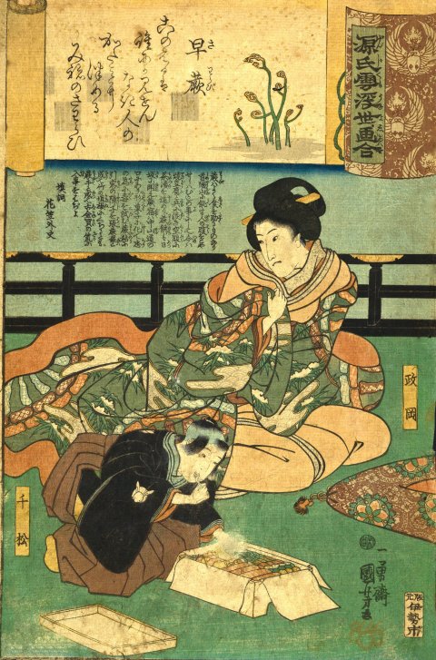 Kuniyoshi - Ukiyo-e Comparisons of the Cloudy Chapters of Genji (S45.48), Lady Masaoka seated on a balcony watching her son Chimatsu enjoying sweets from a large box (Green)