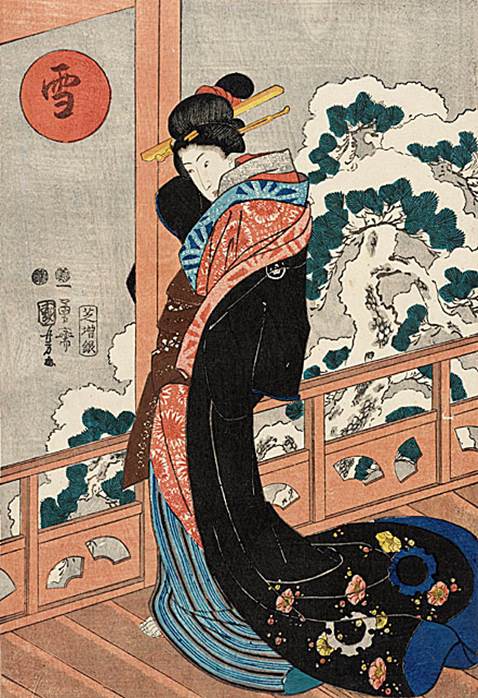 Kuniyoshi - Snow, Moon & Flowers, Snow (yuki), Woman standing on a balcony overlooking a snowy garden, c