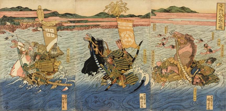 Kuniyoshi - (T  2) Tadanobu (in Yoshitsune's armor) and his men fighting Yokogawa Kakuhan and his monks in the snow on Mt