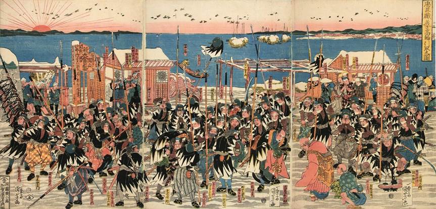 Kuniyoshi - (T  2) Tadanobu (in Yoshitsune's armor) and his men fighting Yokogawa Kakuhan and his monks in the snow on Mt