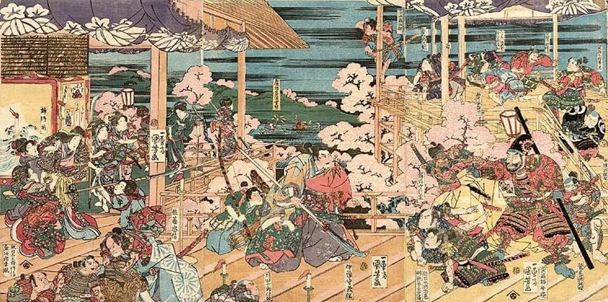 Kuniyoshi - (T  6) 1820-25  Kuryu Saemon, Hata Rokurozaemon, Shinozuka Iga no Kami, and Watari Shinzaemon, retainers of Nitta Yoshisada, breaking up a haunted temple