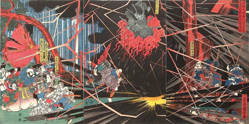 Kuniyoshi - (T  7) The Nue, shot down in a swirling black cloud by Gen Sammi Yorimasa about to be dispatched by Ii no Hayate