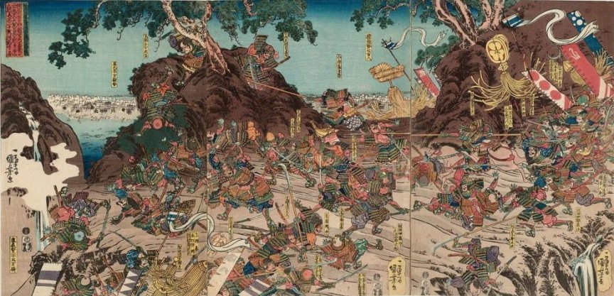 Kuniyoshi - (T 26) The battle of the Minatogawa on July 4, 1336- fighting on a hill with the Ashikaga fleet approaching in the distance