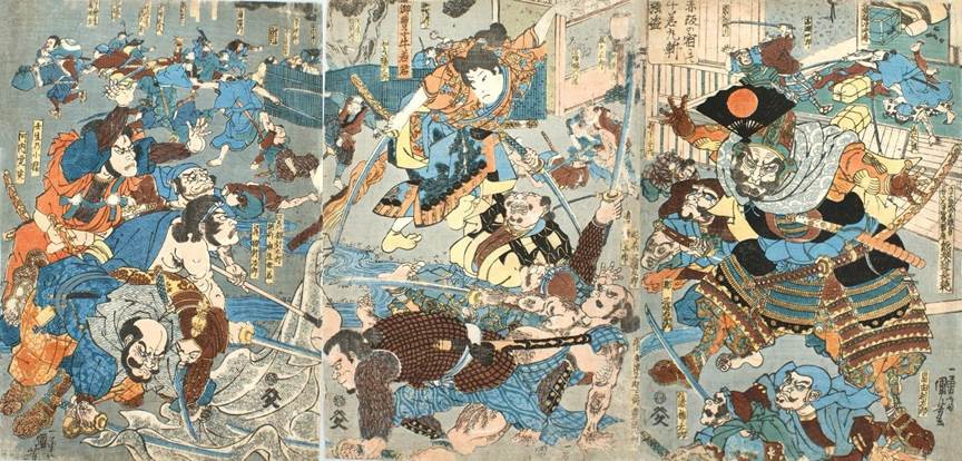 Kuniyoshi - (T 33) Miyamoto Musashi bursting out of the bathhouse, to the consternation of Shirakura Gengoyemon, his wife & followers, who had intended to boil him alive there (Miyamoto Musashi Shirakura ka dokushu no