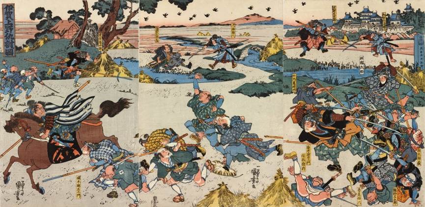 Kuniyoshi - (T 40) Ushiwaka fighting Chôhan and his gang at the post station  , published by Yamamoto-ya Heikichi, bears a single kiwame censor seal, prior to the 1840's (Alt