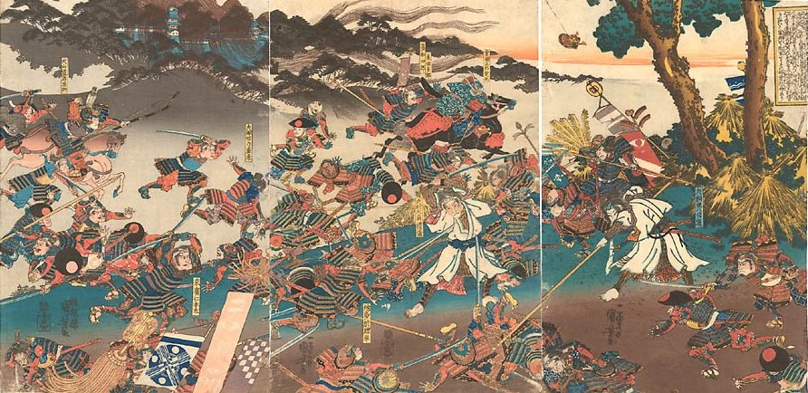 Kuniyoshi - (T 42) Inumura Daikaku & Inukai Kenpachi (in white robes), & Inuyama Dosetsu & Inuzuka Shinno (in armor) in a battle from Hakkenden