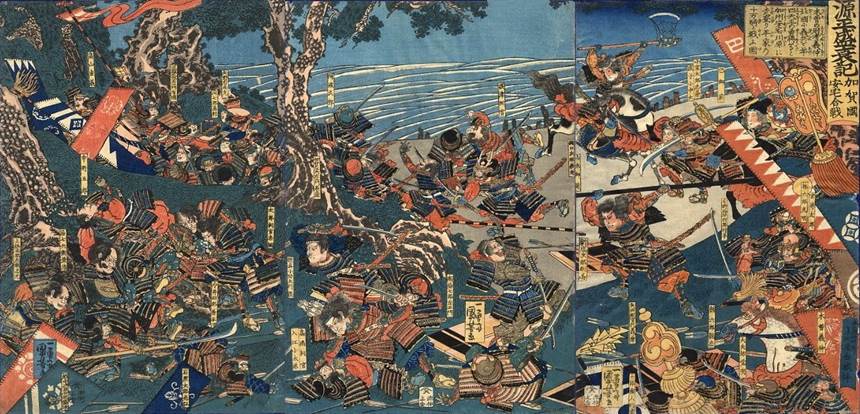 Kuniyoshi - (T 52) Hachiman (Shrine of god of war) Yoshiie brings rebel to Fujiwara