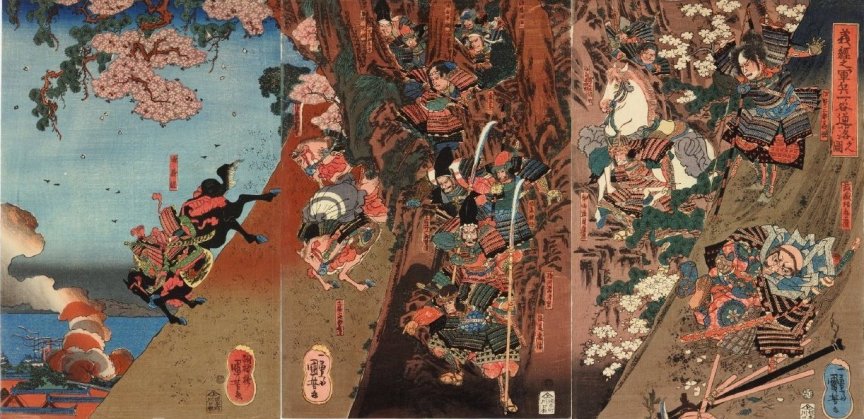 Kuniyoshi - (T 65) Yoshitsune leading his men in descent of Hiyodori-goe defile at Battle of Ichi-no-tani (Yoshitsune no gunpei Ichi-no-tani saka-otoshi no zu)
