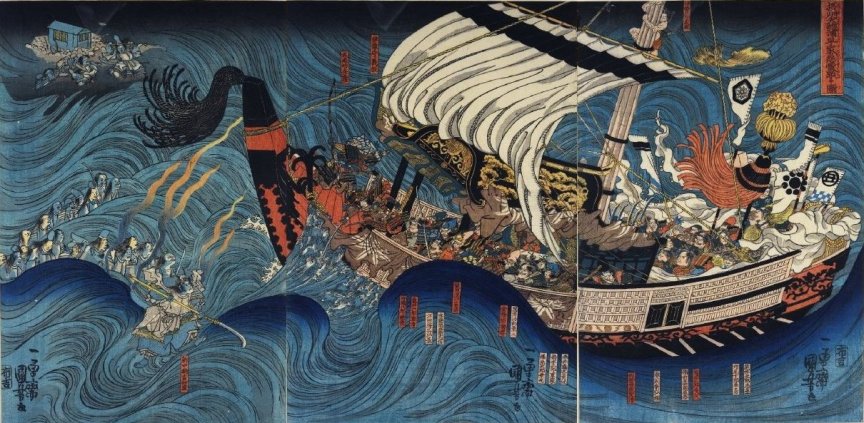Kuniyoshi - (T 70) The ghosts of the Taira Clan attacking Yoshitsune's ship in Daimotsu Bay in Settsu Province (red)