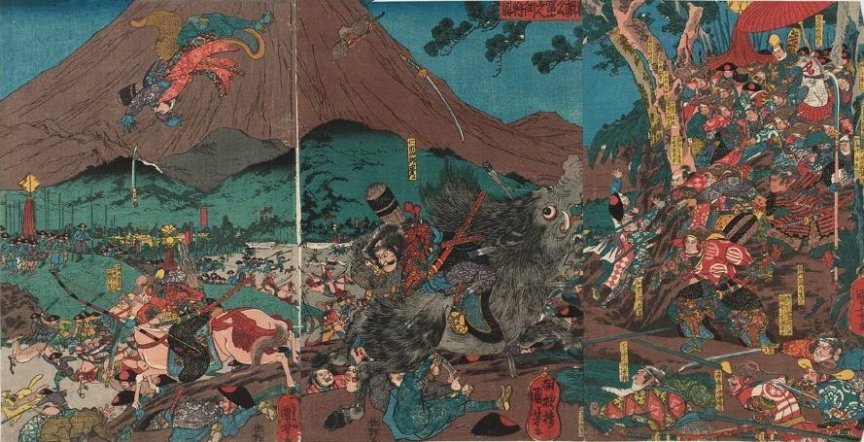 Kuniyoshi - (T 73) Yoritomoko Fuji no on kari zu (Minamoto no Yoritomo hunting at Mount Fuji), (purple)