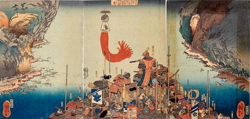 Kuniyoshi - (T 79) Kusunoki Masataura kyogun mi hatsuko wo mite, standing on a rocky promontory spying on the Ashikaga forces below