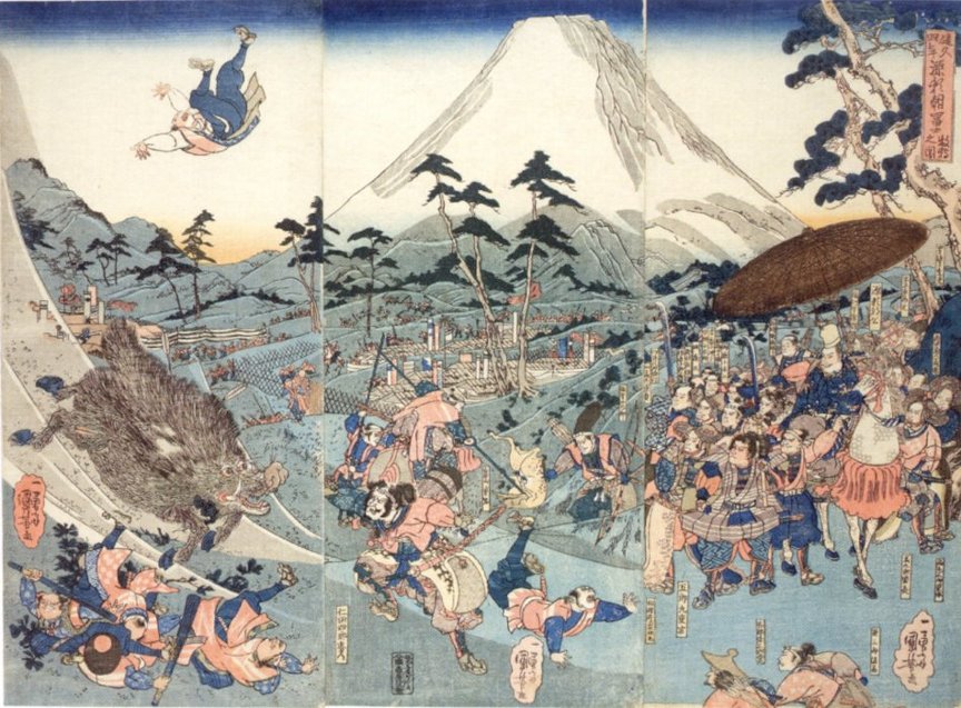 Kuniyoshi - (T 72) Tadatsune about to receive the charge of the monstrous boar, watched by Yoritomo and his followers in 1193 (Alt
