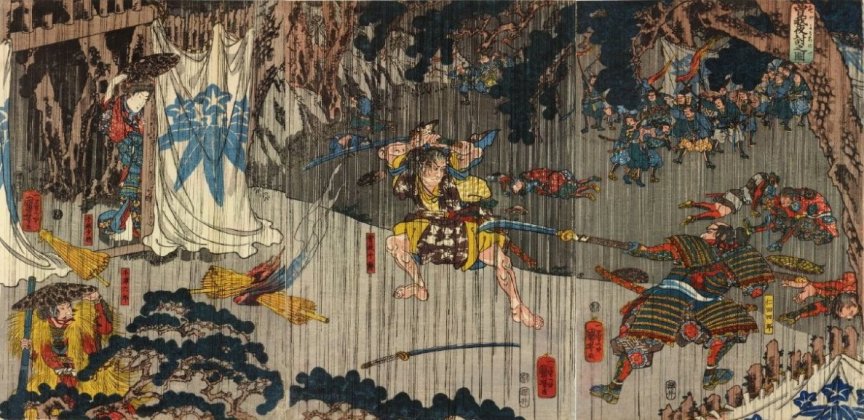 Kuniyoshi - (T104) Soga Jurô engaged by Nitta Shirô Tadatsune in pouring rain