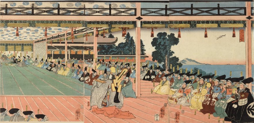 Kuniyoshi - (T 86) Shizuka-gozen as a Shirabyoshi dancing before Yoritomo and his noblemen at Tsurugaoka