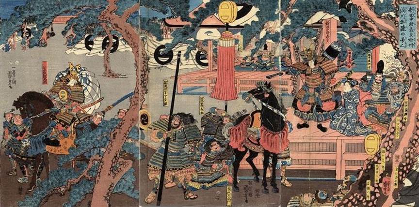 Kuniyoshi - (T107) General Sammi Yorimasa standing with his bow, his wife Ayame-no-maye seated and his squire Ii no Hayata Tadazumi