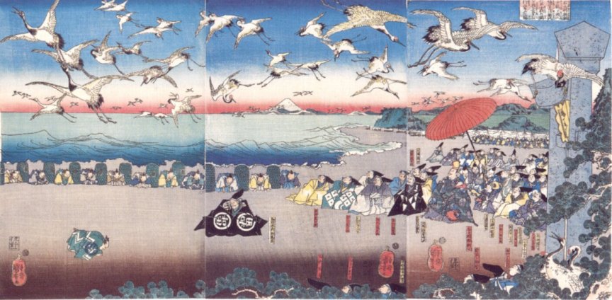 Kuniyoshi - (T118), Yoritomo releasing 1,000 cranes (a pious Buddhist practice) on the shore at Tsuru-ga-oka 