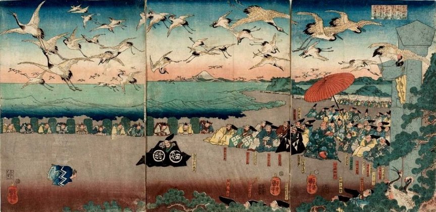 Kuniyoshi - (T118), Yoritomo releasing 1,000 cranes (a pious Buddhist practice) on the shore at Tsuru-ga-oka (green)