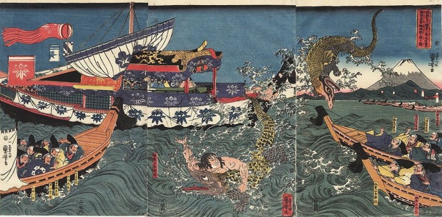 Kuniyoshi - (T119) Asahina Yoshihide fighting 2 crocodiles in the sea off Kamakura watched by Shogun Yoriie & his men