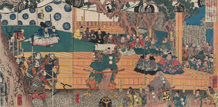 Kuniyoshi - (T126) Benkei reading his scroll (kwanjinchô) to Togashi Sayemon at the Ataka Barrier, he and his party dressed as monks