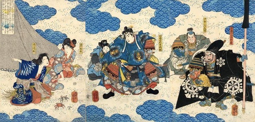 Kuniyoshi - (T134) Yoshitsune, Benkei & Yoshimori listening to 2 ama, mother & daughter, named Oimatsu & Wakamatsu, who tried to recover sacred Sword from sea-bottom after battle of Dan-no-ura, 1844
